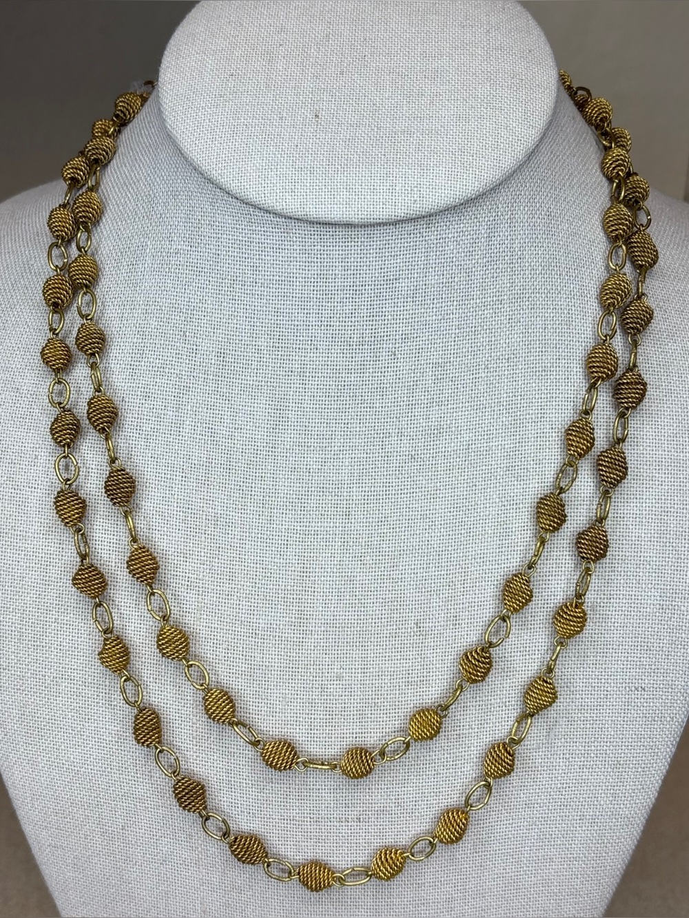 Vintage 80’s Long Gold Tone Rope Bead Station Necklace